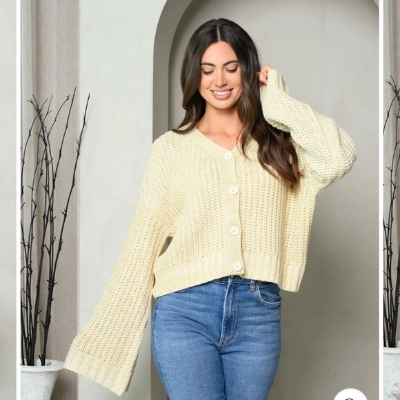 Women's LONG BELL SLEEVE BUTTON UP SWEATER.  CROPPED SWEATER. SUPER CUTE. - Picture 1 of 3